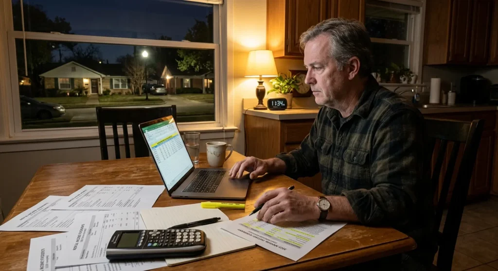 Fort Worth landlord reviewing property management options at home with comparison documents
