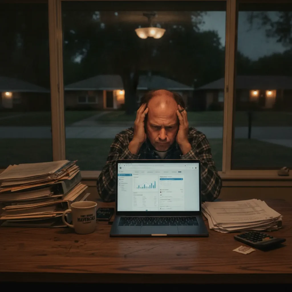Fort Worth landlord comparing Cozy vs TenantCloud software on laptop at kitchen table with documents
