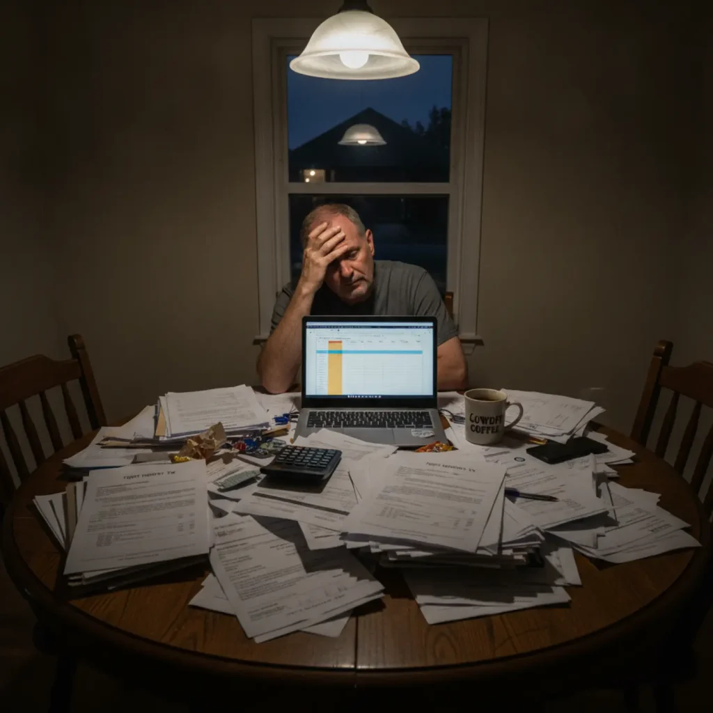 Landlord overwhelmed by rental property paperwork and spreadsheets at kitchen table