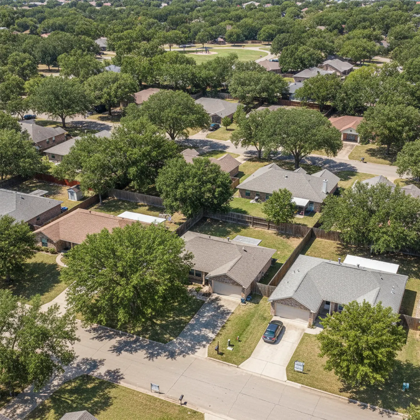 Rhome TX residential neighborhood with single-family rental homes and mature trees