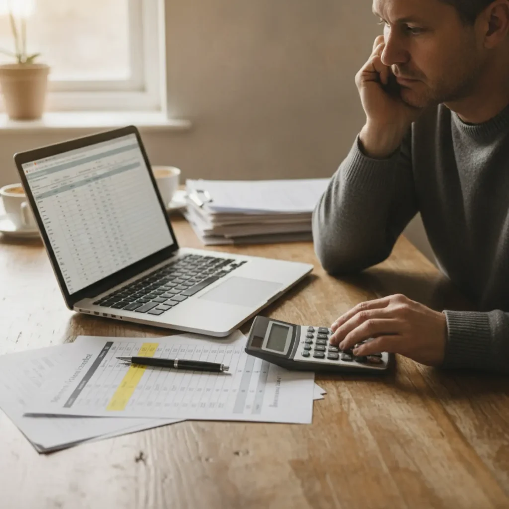 Property owner comparing property management costs and fee estimates at home