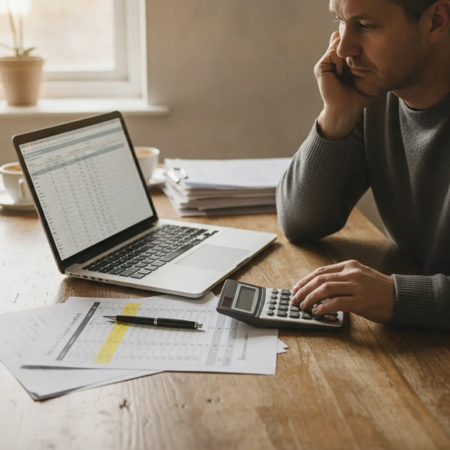 Property owner comparing property management costs and fee estimates at home